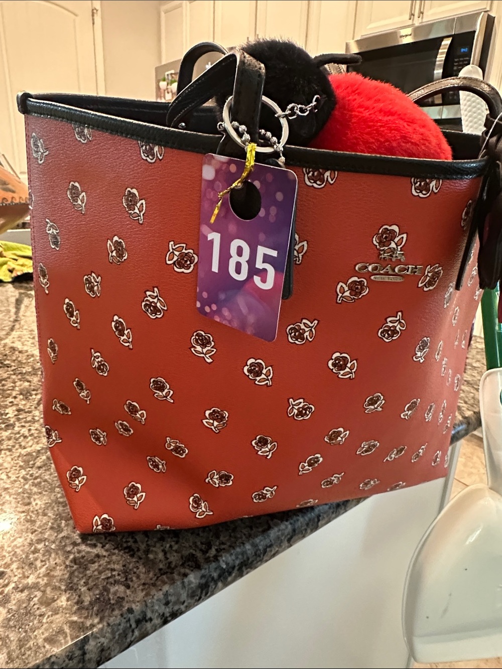 Coach  #185 Ladybug Red Floral Print Leather Tote with Black Handles